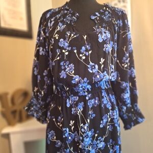 Talbots Smocked Floral Black Blue Midi Dress 💙🖤 Sz Large Petite